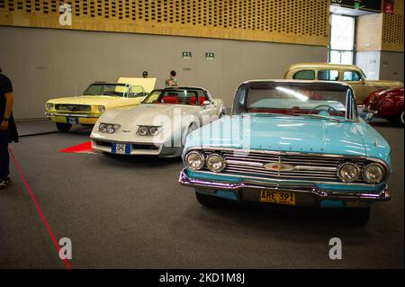 Classic, muscle and performance cars are seen in display during the MCM Show 2022 auto show in Corferias in Bogota, Colombia on January 28 and 29 2022. (Photo by Sebastian Barros/NurPhoto) Stock Photo