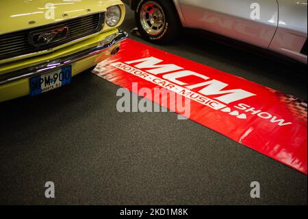 Classic, muscle and performance cars are seen in display during the MCM Show 2022 auto show in Corferias in Bogota, Colombia on January 28 and 29 2022. (Photo by Sebastian Barros/NurPhoto) Stock Photo