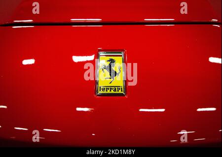 The badge of a Ferrari 488 GTB is seen during the MCM Show 2022 auto show in Corferias in Bogota, Colombia on January 28 and 29 2022. (Photo by Sebastian Barros/NurPhoto) Stock Photo