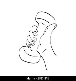 closeup hand holding dumbbell with thumb up illustration vector hand drawn isolated on white background line art. Stock Vector