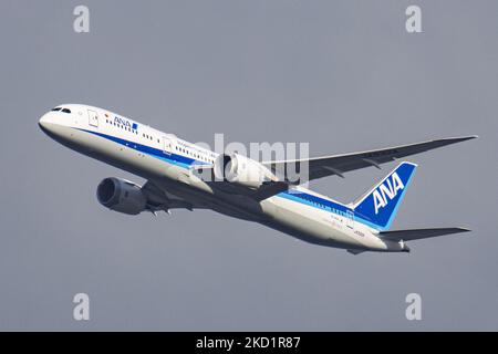 ANA All Nippon Airways Boeing 787 Dreamliner aircraft as seen on final approach flying, doing a go around and then landing at Brussels Airport Zaventem BRU. The arriving from Tokyo passenger plane, a Boeing B787-9 wide body airplane of ANA Air Japan has the registration JA932A. The Japanese airline is member of Star Alliance aviation group with a fleet of 214 jet planes. The aviation industry and passenger traffic are phasing a difficult period with the Covid-19 coronavirus pandemic having a negative impact on the travel business industry with fears of the worsening situation due to the new Om Stock Photo