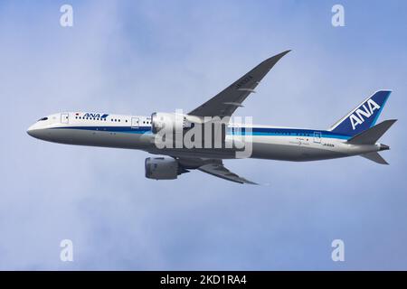 ANA All Nippon Airways Boeing 787 Dreamliner aircraft as seen on final approach flying, doing a go around and then landing at Brussels Airport Zaventem BRU. The arriving from Tokyo passenger plane, a Boeing B787-9 wide body airplane of ANA Air Japan has the registration JA932A. The Japanese airline is member of Star Alliance aviation group with a fleet of 214 jet planes. The aviation industry and passenger traffic are phasing a difficult period with the Covid-19 coronavirus pandemic having a negative impact on the travel business industry with fears of the worsening situation due to the new Om Stock Photo