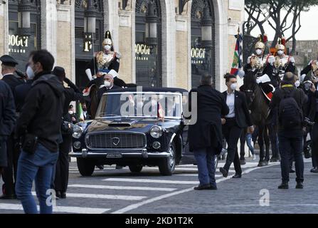Italy's newly re-elected President Sergio Mattarella's car is escorted by Carabinieri officers on its way to the Italian parliament, on the occasion of the swearing-in ceremony, in Rome Thursday, Feb. 3, 2022. (Photo by Massimo Valicchia/NurPhoto)