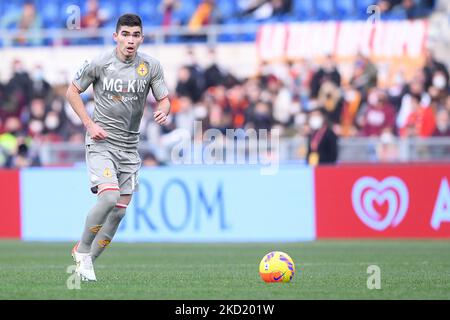 Johan Vasquez of Genoa CFC and Nicolò Zaniolo of AS Roma during football  Serie A Match at Stadio Olimpico, As Roma v Genoa on February 5, 2022 in  Rome, Italy. (Photo by