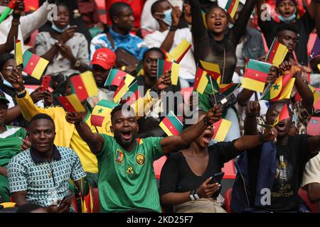 Fans of Senegal team before the 2021 Africa Cup of Nations final soccer match between Senegal and Egypt at the Paul Biya 'Olembe' Stadium, Yaounde, Cameroon 06 February 2022. (Photo by Ayman Aref/NurPhoto) Stock Photo