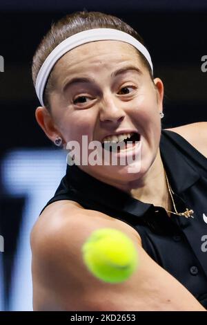 Jelena Ostapenko of Latvia in action during the women's singles Round of 32 match of the WTA 500 St. Petersburg Ladies Trophy 2022 International Tennis Tournament against Xinyu Wang of China on February 8, 2022 at the Sibur Arena in Saint Petersburg, Russia. (Photo by Mike Kireev/NurPhoto) Stock Photo