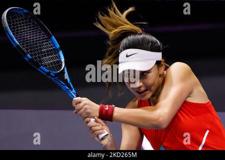 Xinyu Wang of China in action during the women's singles Round of 32 match of the WTA 500 St. Petersburg Ladies Trophy 2022 International Tennis Tournament against Jelena Ostapenko of Latvia on February 8, 2022 at the Sibur Arena in Saint Petersburg, Russia. (Photo by Mike Kireev/NurPhoto) Stock Photo