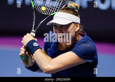 Vera Zvonareva of Russia in action during the women's singles Round of 32 match of the WTA 500 St. Petersburg Ladies Trophy 2022 International Tennis Tournament against Tereza Martincova of Czech Republic on February 8, 2022 at the Sibur Arena in Saint Petersburg, Russia. (Photo by Mike Kireev/NurPhoto) Stock Photo