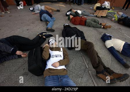 Activists do a die-in in front of the locked gates of the Regional council of Occitania. Three activist were 'neck locked' to the gates .Several dozens of activists from XR, ANV-COP21, ATTAC, Youth for Climate gathered in front of the Regional Council of Occitania to protest against the building of a giant warehouse called Terra2 near Toulouse. They are opposed to this giant warehouse projected for Amazon or Alibaba as it will cover several agricultural fields. The Terra2 wharehouse shoud be 533 m lenght, 125m wide and 14m height, it would be in the top 10 of the biggest warehouses in France.  Stock Photo