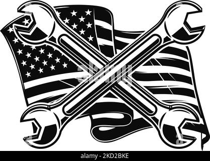 Illustration of crossed pipe wrenches on us flag background. Design element for poster, card, banner, sign. Vector illustration Stock Vector