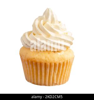 Vanilla Cupcake with Vanilla Frosting On a Transparent Background: Side view of a vanilla cupcake with icing and a white paper wrapper Stock Photo