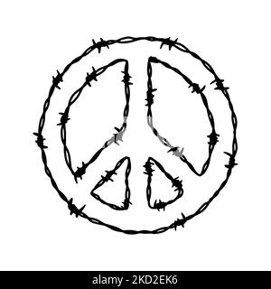 Barbwire peace sign shape. Hand drawn vector illustration in sketch style. Design element for military, security, prison, slavery concepts Stock Vector