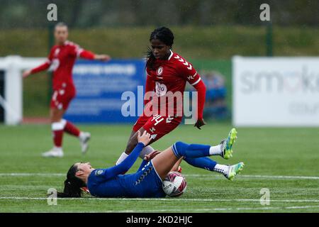 Satara Murray of Bristol City and Lauren Briggs of Durham in action during the FA Women's Championship match between Durham Women FC and Bristol City at Maiden Castle, Durham City on Sunday 13th February 2022. (Photo by Will Matthews/MI News/NurPhoto) Stock Photo