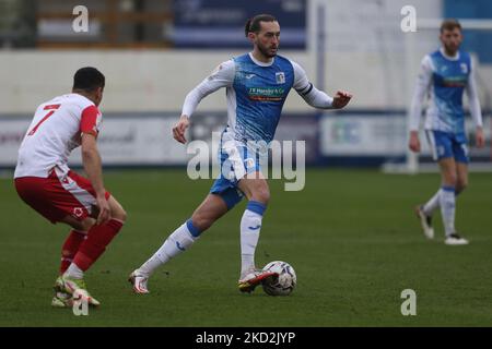 Oliver Banks of Barrow in action with Stevenage's Elliott List during the Sky Bet League 2 match between Barrow and Stevenage at the Holker Street, Barrow-in-Furness on Saturday 12th February 2022. (Photo by Mark Fletcher/MI News/NurPhoto) Stock Photo