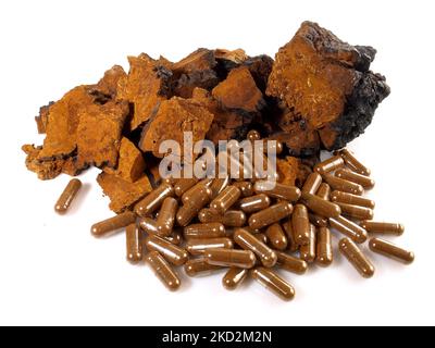 Chaga Mushroom with Capsules isolated on white Background - Healthy Nutrition Stock Photo