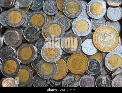 Pesos, Mexican currency coins. On Saturday, February 12, 2022, in Merida, Yucatan, Mexico. (Photo by Artur Widak/NurPhoto) Stock Photo