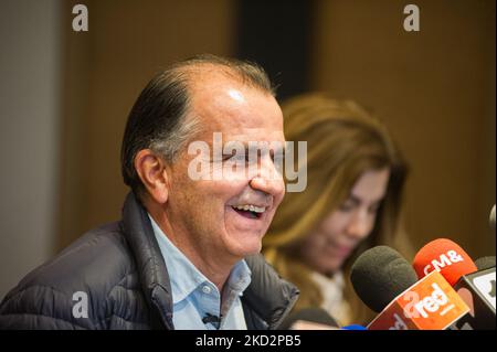 Colombia's former president Alvaro Uribe Velez (2002-2010) and political leader of the political party 'Centro Democratico' talks during a press conference of the presidential candidate Oscar Ivan Zuluaga in Bogota, Colombia on February 14, 2022. (Photo by Sebastian Barros/NurPhoto) Stock Photo