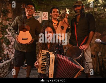 The band Son Malora performing live on Valentine's Day at El Cardenal Cantina in Merida. Son Malora, an independent music project that was born in Chicxulub Puerto, Yucatan in October 2016, unites the influence of each of the four members who represent different musical genres. On Monday, February 14, 2022, in Merida, Yucatan, Mexico. (Photo by Artur Widak/NurPhoto) Stock Photo