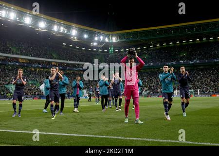 Manchester City's players celebrate at the end of the Round Of Sixteen Leg One - UEFA Champions League match between Sporting CP and Manchester City at Alvalade stadium in Lisbon, Portugal, on February 15, 2022. (Photo by Pedro FiÃºza/NurPhoto) Stock Photo