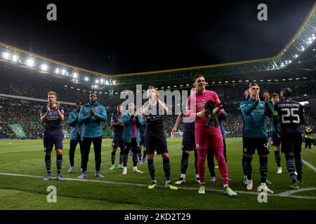 Manchester City's players celebrate at the end of the Round Of Sixteen Leg One - UEFA Champions League match between Sporting CP and Manchester City at Alvalade stadium in Lisbon, Portugal, on February 15, 2022. (Photo by Pedro FiÃºza/NurPhoto) Stock Photo