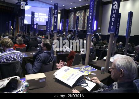 Banners representing NY State counties are seen during the 2022 New York State Democratic Convention at the Sheraton New York Times Square Hotel on February 17, 2022 in New York City. Former Secretary of State , Hillary Clinton introduced Kathy Hochul as the nominee for Governor of New York State. Hochul along with Lt. Governor Brian Benjamin and others nominated for statewide offices will be on the ballot this year the year of midterm elections. (Photo by John Lamparski/NurPhoto) Stock Photo