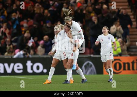 England's Millie Bright celebrates with Alex Greenwood and Rachel Daly after scoring their first goal during the Arnold Clark Cup match between England Women and Canada at the Riverside Stadium, Middlesbrough on Thursday 17th February 2022.(Photo by Mark Fletcher/MI News/NurPhoto) Stock Photo