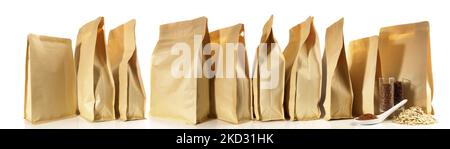 Different size paper bags isolated on white Background. Banner with foods and nutrients. Stock Photo