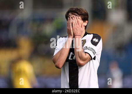 Adrian Bernabe (Parma Calcio 1913) reacts during the Italian soccer Serie B match Parma Calcio vs Ternana Calcio on February 19, 2022 at the Stadio Ennio Tardini in Parma, Italy (Photo by Francesco Scaccianoce/LiveMedia/NurPhoto) Stock Photo