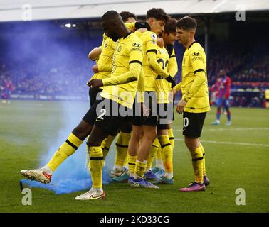 Chelsea's Antonio Rudiger kicks the flare awayduring Premier League between Crystal Palace and Chelsea at Selhurst Park Stadium, London on 19th February, 2022 (Photo by Action Foto Sport/NurPhoto) Stock Photo