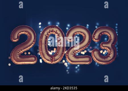 Gold, bronze inflatable foil balloons numbers 2023 on the window against the background of the night city, in neon light. New year 2023, christmas. Celebrating Christmas and New Year 2023. Stock Photo