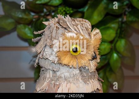 Close-up side view of head of decorative owl made of bark against a dark blurred background Stock Photo