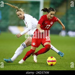 Jessie Fleming (Chelsea) of Canada beats Giulia Gwinn (Bayern Munich) of Germany during Arnold Clark Cup between Germany and Canada at Carrow Road, Norwich on 20th February 2022 (Photo by Action Foto Sport/NurPhoto) Stock Photo