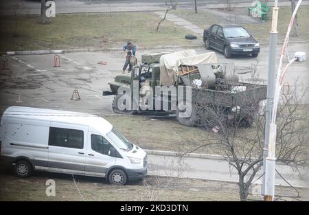 Military vehicle with russian saboteurs shot by Ukrainian forces of Territorial Defence in Kyiv, Ukraine, February 25, 2022. (Photo by Sergii Kharchenko/NurPhoto) Stock Photo
