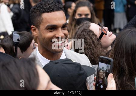Lucien Laviscount is seen arriving at the Emporio Armani fashion show during the Milan Fashion Week Fall/Winter 2022/2023 on February 24, 2022 in Milan, Italy. (Photo by Cinzia Camela/LiveMedia/NurPhoto) Stock Photo