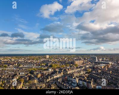 Aerial landscape view of the Harrogate town skyline in North Yorkshire, UK. Residential area with rows of housing in Victorian architectural style. Stock Photo