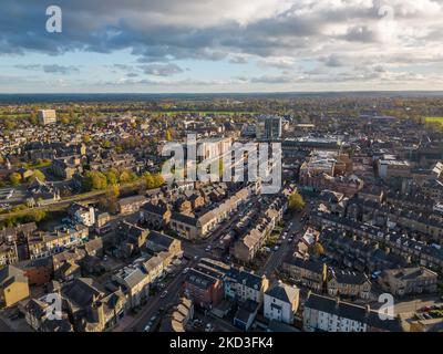 Aerial landscape view of the Harrogate town skyline in North Yorkshire, UK. Residential area with rows of housing in Victorian architectural style. Stock Photo