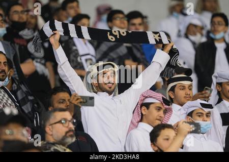 An Al Sadd fan celebrates after the QNB Stars League match between Al Sadd and Al Duhail at the Jassim Bin Hamad Stadium in Doha, Qatar on 25 February 2022. (Photo by Simon Holmes/NurPhoto) Stock Photo