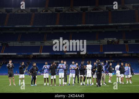 Real Madrid players celebrate victory after the La Liga Santander match between Real Madrid CF and Real Sociedad at Estadio Santiago Bernabeu on March 5, 2022 in Madrid, Spain. (Photo by Jose Breton/Pics Action/NurPhoto) Stock Photo