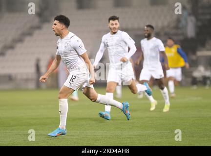 Murad Naji (12) of Al Wakrah celebrates scoring the winning penalty of Amir Cup quarter final between Al Rayyan and Al Wakrah at the Jassim Bin Hamad Stadium in Doha, Qatar on 5 March 2022. (Photo by Simon Holmes/NurPhoto) Stock Photo