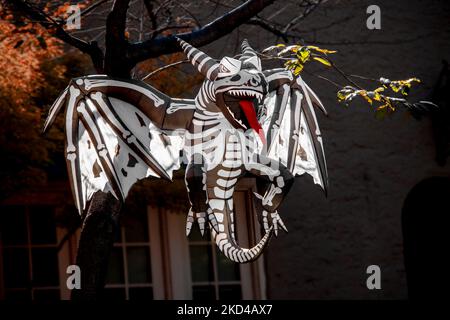 Skeleton Demon Dragon blowup Halloween yard art - hanging from tree - long red tongue - evil Stock Photo