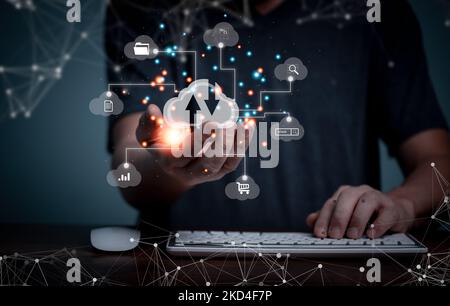 Cloud storage, Digital service data connection application network, transfers data to a server, hosting service. Web-based cloud concept. Business han Stock Photo