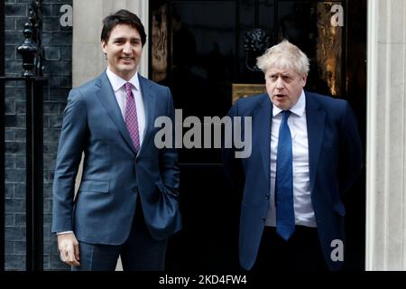 British Prime Minister Boris Johnson Boris Johnson (R) poses for pictures with Canadian Prime Minister Justin Trudeau (L) outside 10 Downing Street in London, England, on March 7, 2022. (Photo by David Cliff/NurPhoto) Stock Photo