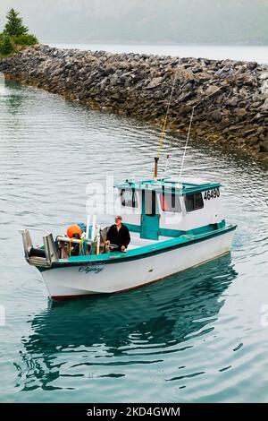 Commercial fishing fishing boat returns to harbor; Whittier; Alaska; USA. Stock Photo