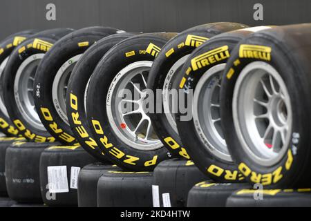 Scarperia, Italy, 21 October 2022 - Yellow Pirelli tires mounted on alloy wheels in the paddock of the Mugello circuit during the ACI CSAI Racing Week Stock Photo