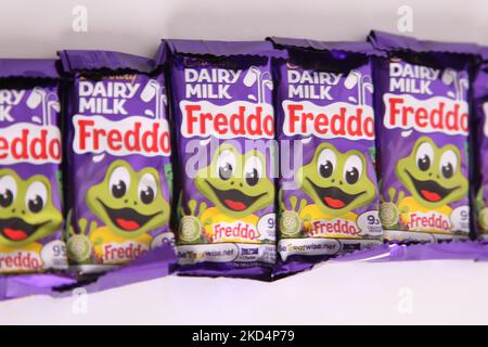 Cadbury Dairy Milk Freddo chocolate bars on white background, bar of chocolate Freddos Stock Photo