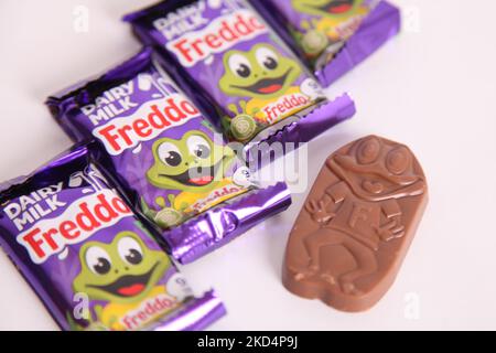Cadbury Dairy Milk Freddo chocolate bars on white background, bar of chocolate Freddos Stock Photo