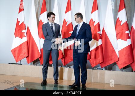 Canadian Prime Minister Justin Trudeau meets Polish Prime Minister Mateusz Morawiecki at the Chancellery in Warsaw, Poland, on March 10, 2022. (Photo by Mateusz Wlodarczyk/NurPhoto) Stock Photo