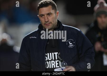 Hartlepool United manager Graeme Lee during the EFL Trophy match between Hartlepool United and Rotherham United at Victoria Park, Hartlepool on Wednesday 9th March 2022.(Photo by Mark Fletcher/MI News/NurPhoto) Stock Photo