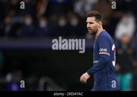 Leo Messi of PSG during the UEFA Champions League Round Of Sixteen Leg Two match between Real Madrid and Paris Saint-Germain at Estadio Santiago Bernabeu on March 9, 2022 in Madrid, Spain. (Photo by Jose Breton/Pics Action/NurPhoto) Stock Photo