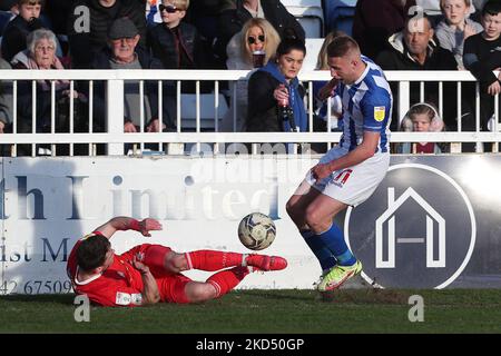 Hartlepool United's Marcus Carver battles for possession with Orient's Connor Wood during the Sky Bet League 2 match between Hartlepool United and Leyton Orient at Victoria Park, Hartlepool on Saturday 12th March 2022. (Photo by Mark Fletcher/MI News/NurPhoto) Stock Photo